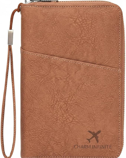 Family Passport Holder Wallet with Zipper, RFID Blocking Travel Document Organizer for Women Men, Travel Essentials Gift, Can be Worn Crossbody (Brown)