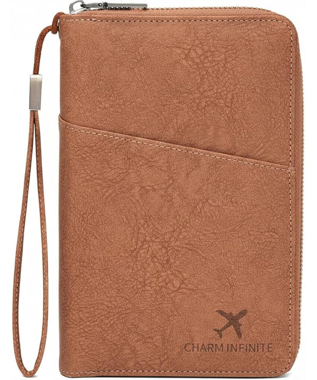 Family Passport Holder Wallet with Zipper, RFID Blocking Travel Document Organizer for Women Men, Travel Essentials Gift, Can be Worn Crossbody (Brown)