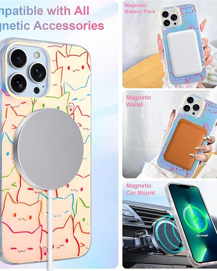 Cute Case for iPhone 13 Pro Case for Women Girls Boys [ Compatible with Magsafe ] Iridescent and Black Cats Cat Pattern Design, Kawaii Colorful Animal Soft Bumper Protective Phone Cover