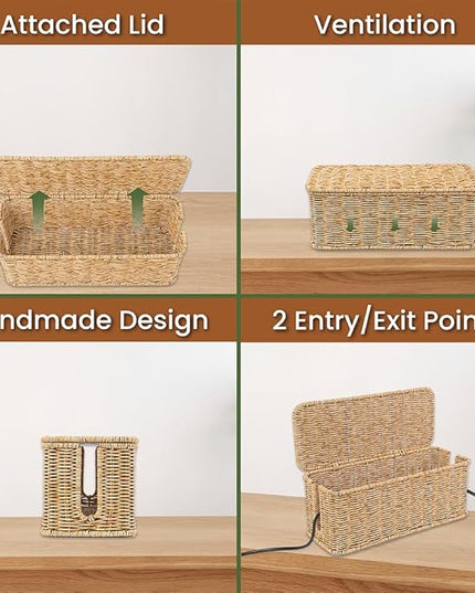 Cable Management Box, Handmade Rattan Cable Organizer with 2 Open Slots, Cord Hider for Power Strip, Router & USB Hub, Registered U.S. Design Patent (D1,112,102), 13" x 5.1" x 5.1", Natural