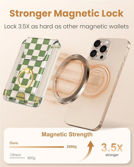 Shorogyt Compatible with Magsafe Wallet with Ring Grip Magnetic Card Holder - Cute Phone Wallets with Stand for iPhone 17/16/15/14/13/12 Series for Women Girls Green Grid Design, Fit 7 Cards