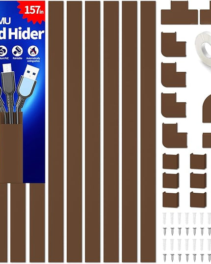 Wire Hider, 157in Delamu Cord Hider Wall, Paintable Wire Covers for Cords, TV Cable Hider Wall Kit, Cable Covers Raceway, Cable Management Hide TV Cords for Wall Mount TV, 10XL15.7 W0.95 H0.55in Brown