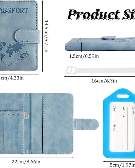 JIABEIUS 3pcs Passport Holder with Luggage Tags, Pu Leather Travel Passport Cover, Waterproof Travel Wallet with RFID Blocker for Credit Cards, Cash, Boarding Passes Women Men