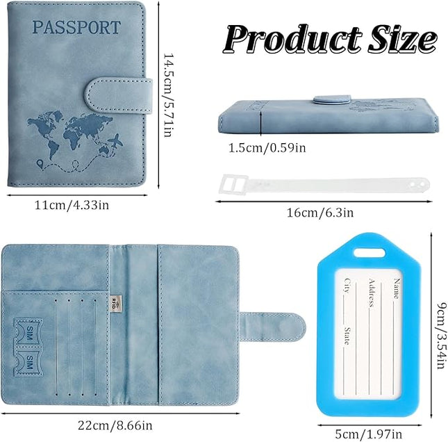 JIABEIUS 3pcs Passport Holder with Luggage Tags, Pu Leather Travel Passport Cover, Waterproof Travel Wallet with RFID Blocker for Credit Cards, Cash, Boarding Passes Women Men