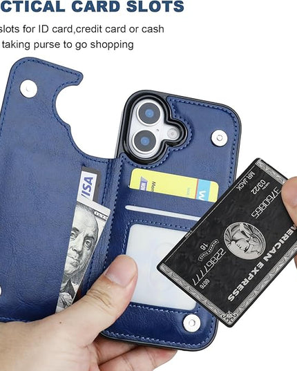 ONETOP Compatible with iPhone 17 Wallet Case with Card Holder, PU Leather Kickstand Card Slots Case, Double Magnetic Clasp and Durable Shockproof Cover 6.3 Inch (Blue)