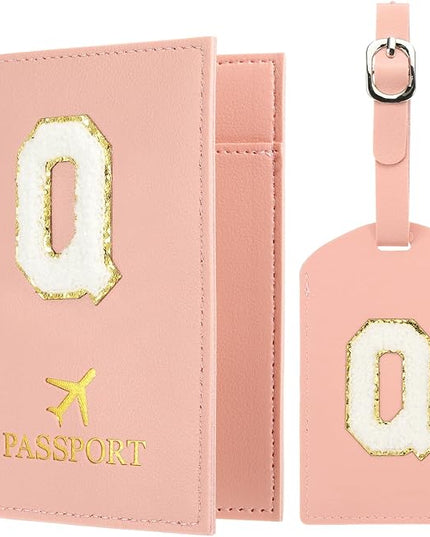 PATIKIL Passport Holder for Travel, Initial Passport Cover and Luggage Tag Set with Alphabet Chenille Letter Patch Travel Wallet Bag Suitcase Identifier for Women Family Travel Pink Q