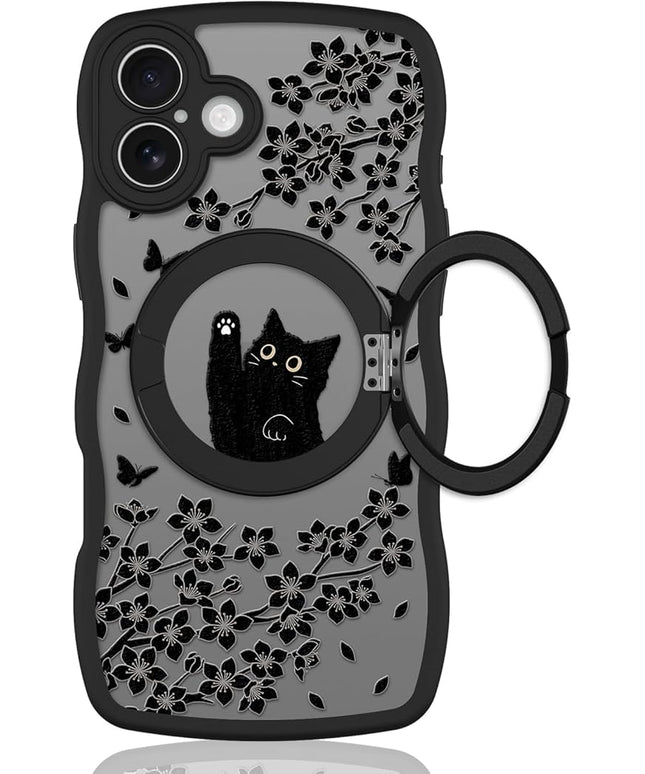 Wavy Case for iPhone 16 Case with Stand [Compatible with MagSafe] Cute Black Cat & Floral & Butterflies Pattern Design, Kawaii 360 Magnetic Ring Kickstand Phone Cover for Women Girls