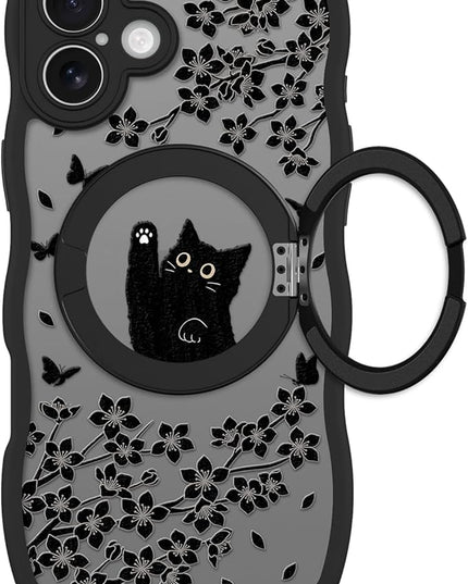 Wavy Case for iPhone 16 Plus Case with Stand [Compatible with MagSafe] Cute Black Cat & Floral & Butterflies Pattern Design, Kawaii 360 Magnetic Ring Kickstand Phone Cover for Women Girls