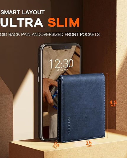 RUNBOX Wallet for Men Slim Leather Bifold RFID Blocking Minimalist Front Pocket Design with Gift Box