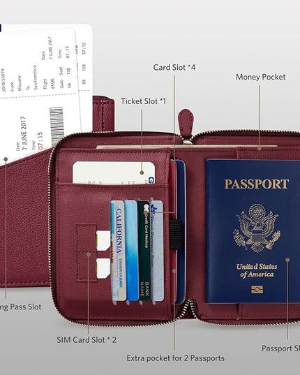CoBak Passport Holder Cover with Safe Zipper Closure, Premium Passport Wallet for Travel, RFID Blocking Card Case, Waterproof Travel Accessories for Women, Pebbled Wine