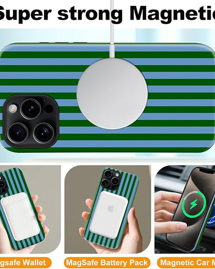 Magnetic for iPhone 12/12P Case Cute Stripes Phone Case, Shockproof Slim TPU and Hard PC Protective Phone Cover Compatible with MagSafe Designed for Women Girls, Green and Blue