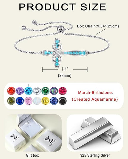YL Cross Bracelet 925 Sterling Silver Infinity Sideways Link Bracelet Birthstone Jewelry for Women