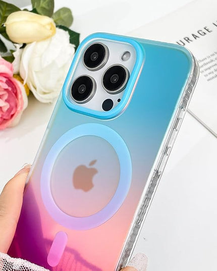 Aesthetic Case for iPhone 16 Pro 6.3 inch 2024 [Compatible with Magsafe] Cute Girly Glitter Shiny Rainbow Magnetic Protective Phone Cover for Women Girls, Matte Iridescent Blue & Pink