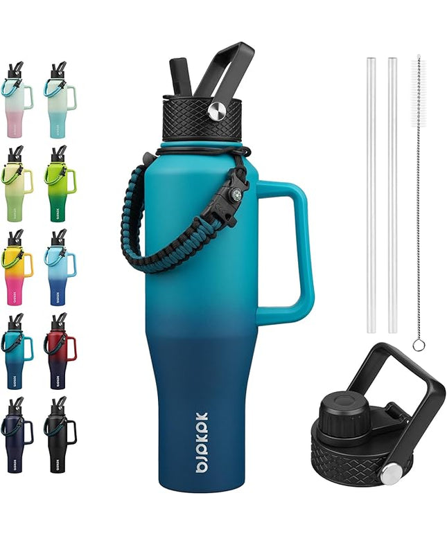 BJPKPK Insulated Water Bottles with Straw Lid, 40oz Metal Water Bottle with 2 lids & Paracord Strap, Double Wall Stainless Steel Tumbler with Handle, Reusable Cups, Mugs, Thermo, Sea