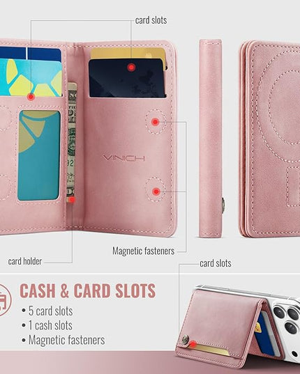 Vinich for MagSafe Wallet Magnetic RFID Blocking Card Holder Compatible with MagSafe Phones and Cases, Strong Magnet Minimalist Phone Wallet for iPhone 17/16/15/14/13/12/ Pro/Max/Plus, Rose Pink