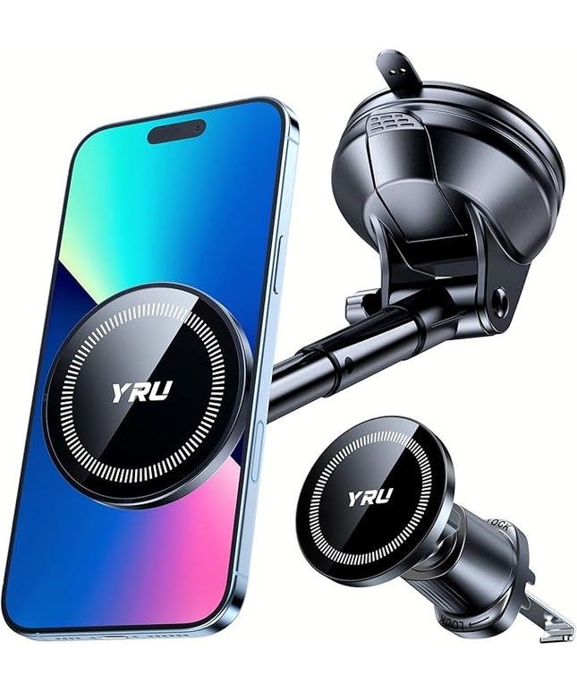 YRU Upgraded Magnetic Phone Holder for Car【Patented & Super Magnet】 for MagSafe Car Mount Dashboard Magnet Phone Holder Windshield Phone Stand for iPhone 17 16 15 14 13 12 Pro Max Samsung, Black
