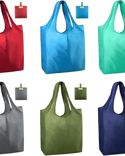 BeeGreen Colorful Reusable Grocery Bags 6 Pack, Heavy Duty Totes for Women, Foldable Grocery Bag Large Shopping Totes with Handles for Work, Travel, Gift, Store, Polyester Washable Reusable Tote Bag