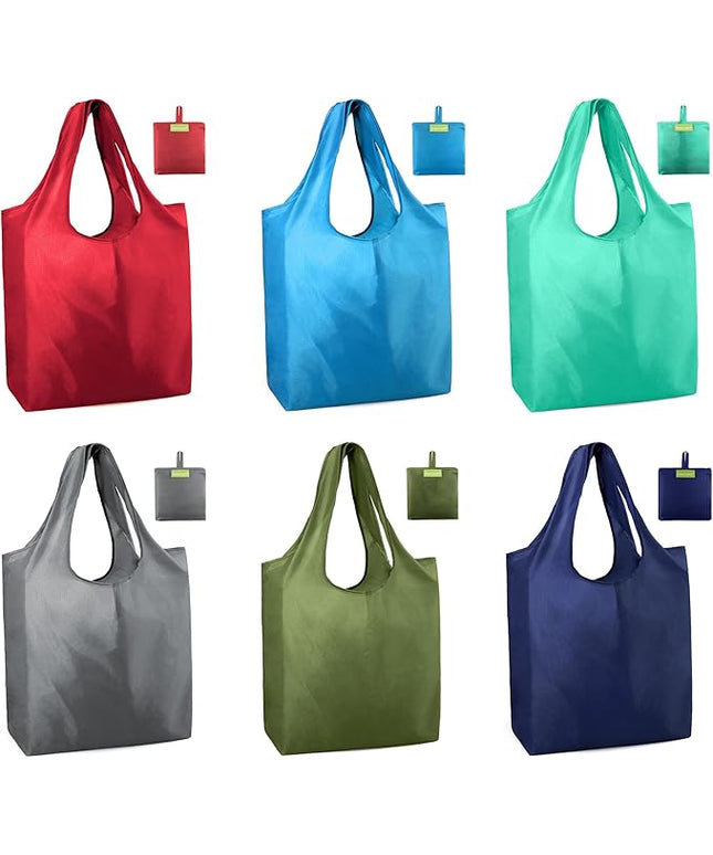 BeeGreen Colorful Reusable Grocery Bags 6 Pack, Heavy Duty Totes for Women, Foldable Grocery Bag Large Shopping Totes with Handles for Work, Travel, Gift, Store, Polyester Washable Reusable Tote Bag
