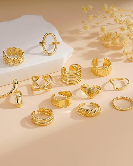 YOOSTEEL Valentines Day Gifts for Her Womens Chunky Gold Rings - 12 PCS Hypoallergenic 14K Gold Plated Thick Stackable Open Rings for Women Non Tarnish Dainty Gold Adjustable Ring Stack Set Trendy Jewelry