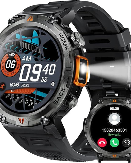 Military Smart Watch for Men with LED Flashlight 1.45” Rugged 3ATM Waterproof Smart Watch with 100+ Sports Modes Fitness Tracker with Heart Rate Sleep Monitor Tactical Smartwatch for iPhone Android