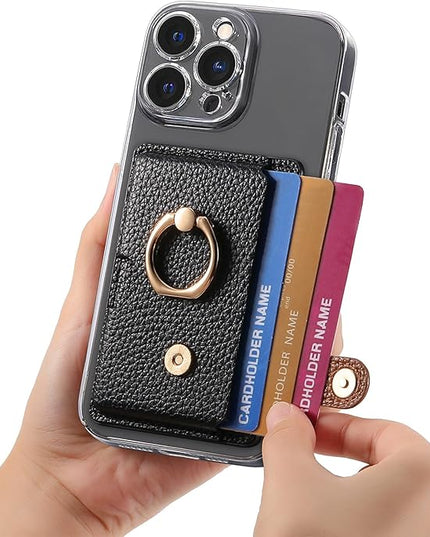 Wallet Stick on Phone Case, Credit Card Holder with Ring for Back of Phone Cases Flip Leather Wallet Sleeve Pouch Compatible with iPhone, Samsung Galaxy Android Most Smartphones Black
