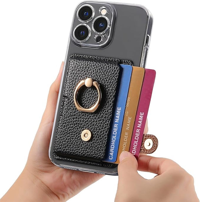Wallet Stick on Phone Case, Credit Card Holder with Ring for Back of Phone Cases Flip Leather Wallet Sleeve Pouch Compatible with iPhone, Samsung Galaxy Android Most Smartphones Black