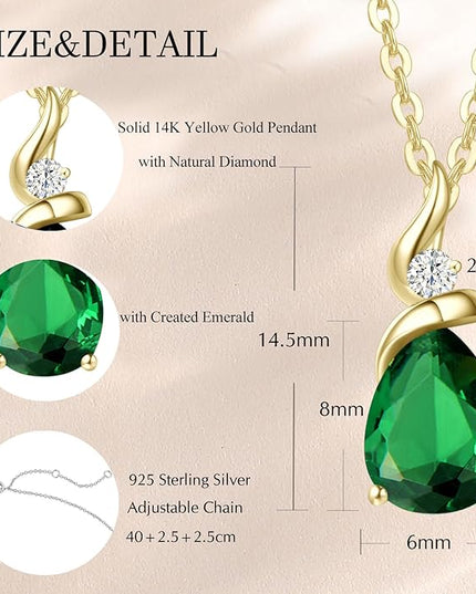 FANCIME 14K Solid Yellow Gold Birthstone Pendant Necklace for Women with Diamond Pear Shaped Teardrop Necklace Birthday Gifts for Mom Women Sterling Silver Chain 16" + 2" Extender