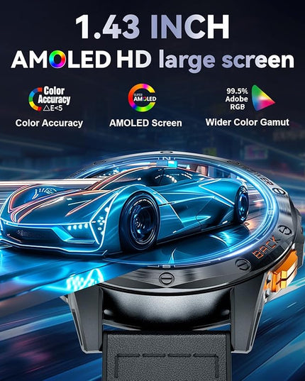 LIGE GPS Smart Watches for Men, Bluetooth Call, LED Flashlight, Compass, 1.43" AMOLED Fitness Watch with Heart Rate/Sleep Monitor, 100+ Sports Modes, iOS Android Compatible, Military Outdoor, Black