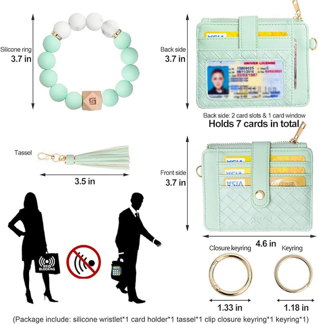 COOLANS Silicone Bracelet Wristlet Wallet Credit Card Holder RFID,ID Window,Key Ring Tassel,Slim Wallet Women Keychain Purse