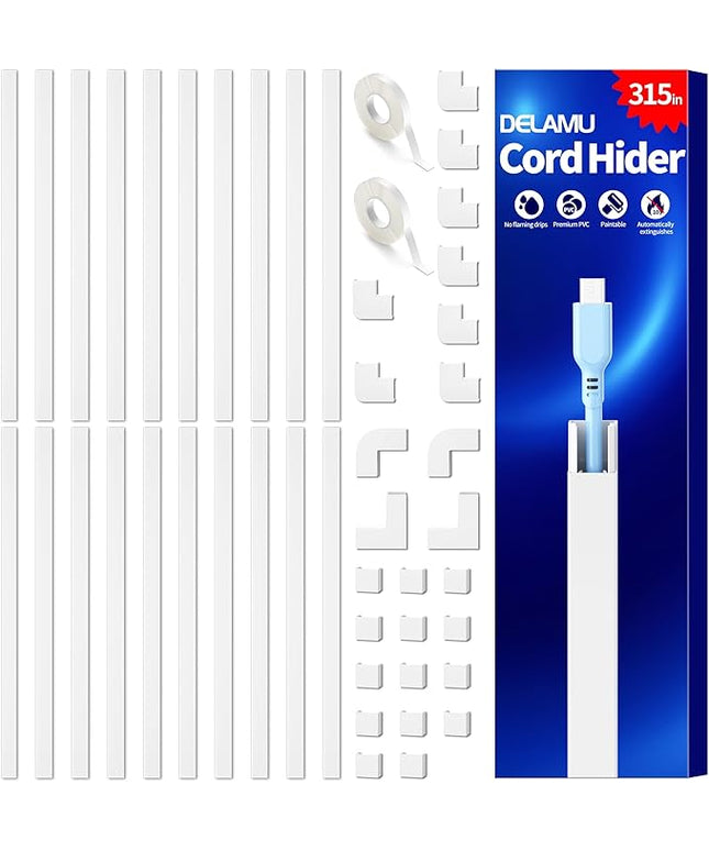 Delamu Cable Hider, 315in Cord Hider Cord Covers for 1 Wire on Wall, Premium Wire Covers for Cords, Cable Cover Organizer, TV Wires Hiders for Wall Mounted Tv, L15.7X W0.55x H0.4in, White
