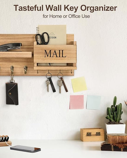 Lwenki Mail Organizer for Wall Mount – Key Holder with Shelf Includes Letter Holder and Hooks for Hallway Farmhouse Decor – Rustic Wood with Flush Mounting Hardware (16.5” x 9.1” x 3.4”) (Wood)