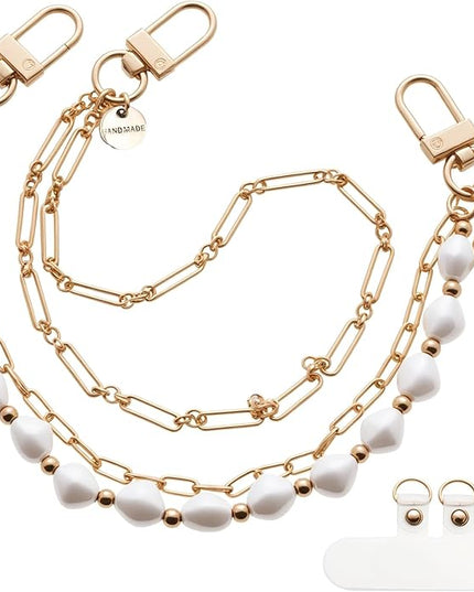 Pearl Beaded Phone Charm Wrist Strap,Cute Bracelet Wristlet Lanyard,Gold Double Chain for Phone Case,Purse Bag Wallet