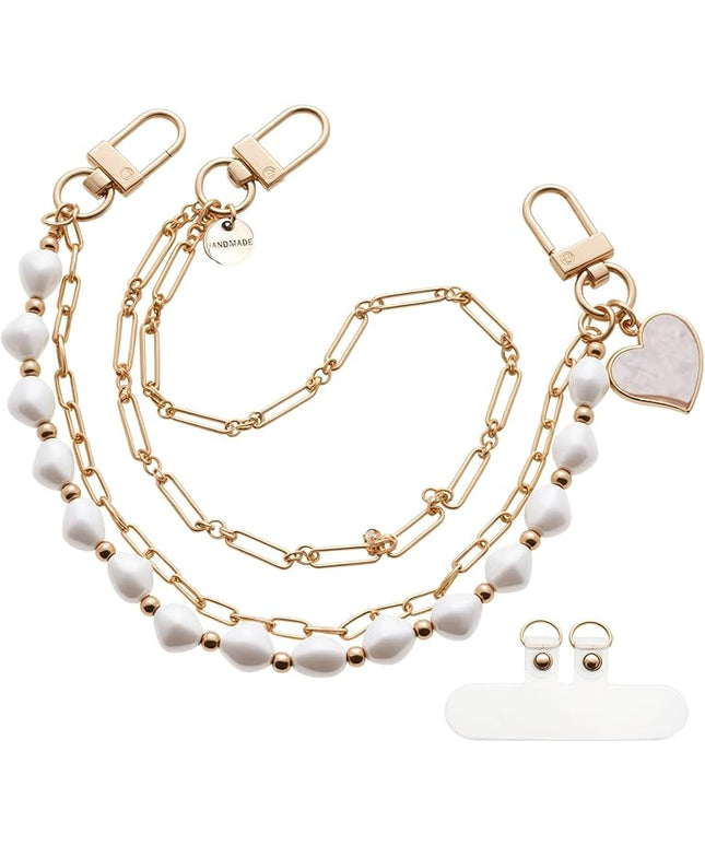 Pearl Beaded Phone Charm Wrist Strap,Cute Bracelet Wristlet Lanyard,Gold Double Chain for Phone Case,Purse Bag Wallet