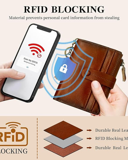 Blucoay Leather Wallet Women,RFID Blocking Small Wallets for Women Compact Bifold Wallet Card Holder With Zipper Coin Pocket Brown