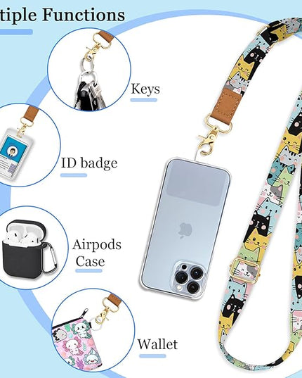 Phone Lanyard Crossbody Strap, Cute Cat Cell Phone Lanyards for around the Neck Wristlet Wrist Strap Adjustable for Keys Case ID Badges Accessories Travel Essentials