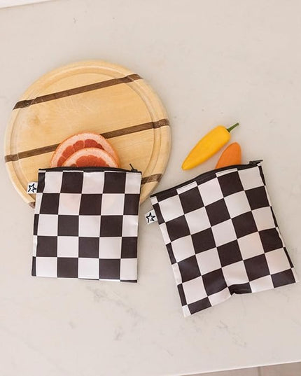 Tiny Twinkle Reusable Snack Bags for Kids – 3 Pack Snack Pouches & Sandwich Bag for Toddlers – Machine Washable, Mess-Proof for Lunch & Travel (Black Checkers)