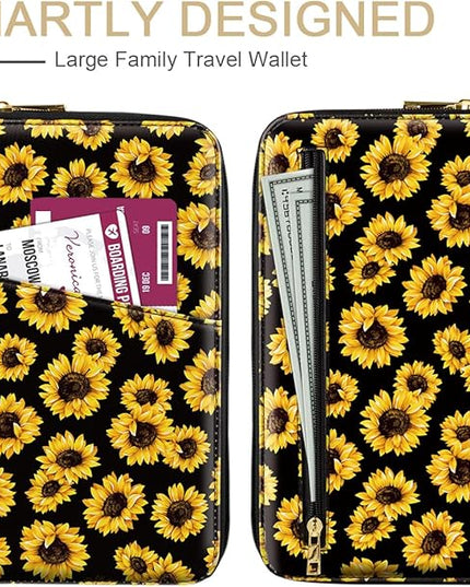 Family Passport Holder Wallet RFID Blocking Document Organizer PU Leather Mulit-purpose Travel Wallet Credit Cards Case for Women Men,Sunflowers