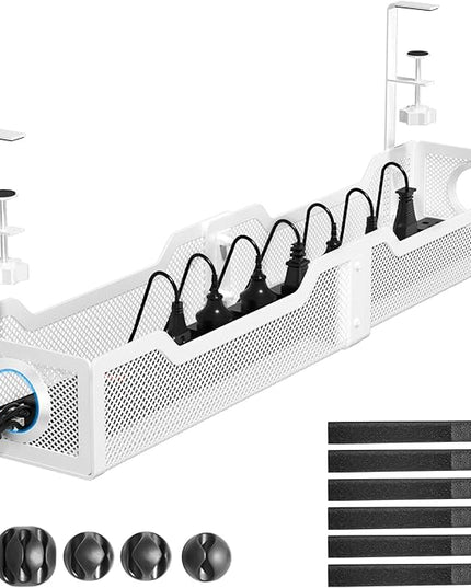 [Upgraded] Extra Large Under Desk Cable Management, Cinati 25" Wire Organizers No Drill, Cable Tray with Clamp for Wire Management, Cord Organization Box for Office, Home - No Damage to Desk(White)