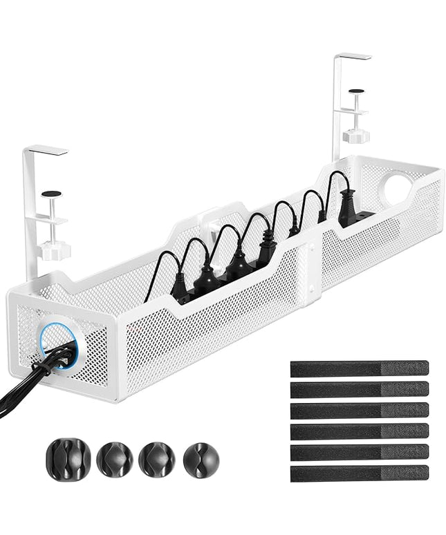 [Upgraded] Extra Large Under Desk Cable Management, Cinati 25" Wire Organizers No Drill, Cable Tray with Clamp for Wire Management, Cord Organization Box for Office, Home - No Damage to Desk(White)