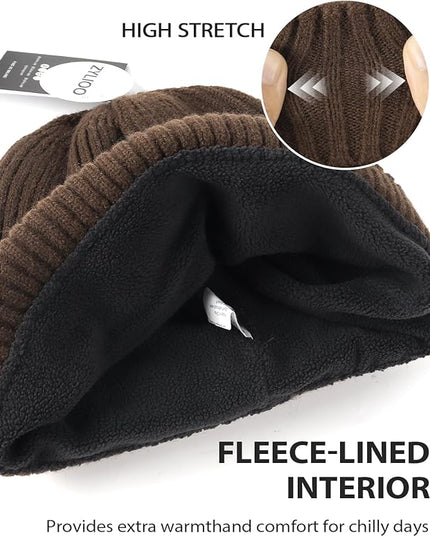 Zylioo Plus Size Fleece Lined Beanie Hat,2XL/XL/L/M/S Thermal Knitted Hat,Winter Warm Lined Snow Hats for Women Men