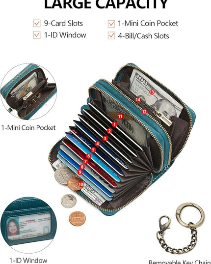 TFKGS Credit Card Holder for Women RFID Wallet Leather Womens Wallet with Zipper Blocking Keychain Card Accordion Wallets Gifts for Women Blue
