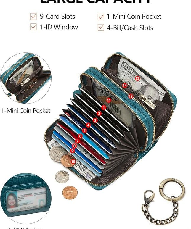 TFKGS Credit Card Holder for Women RFID Wallet Leather Womens Wallet with Zipper Blocking Keychain Card Accordion Wallets Gifts for Women Blue