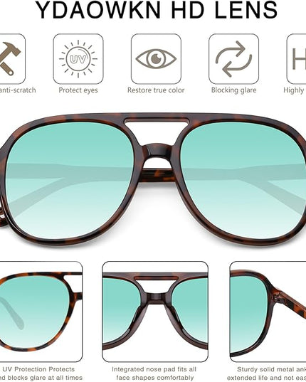 YDAOWKN Retro Square Aviator Sunglasses for Womens Mens Vintage 70s Double Bridge Sun Glasses