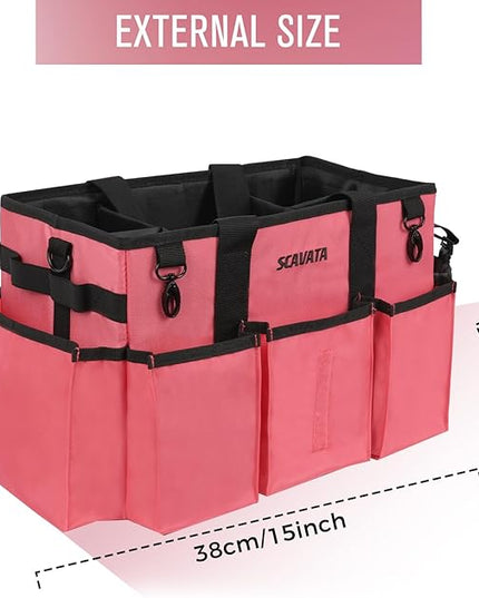 Wearable Cleaning Caddy Bag, Cleaning Caddy Supplies Organizer with Handle & Shoulder Straps for Housekeepers, Under Sink & Car Cleaning Tool Organizers with 4 Foldable Divider (RoseRed)