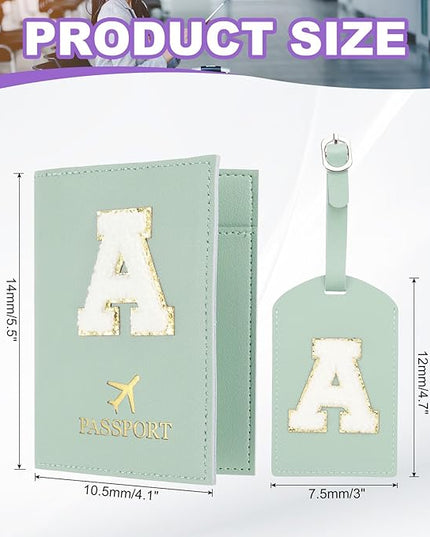 PATIKIL Passport Holder for Travel, Initial Passport Cover and Luggage Tag Set with Alphabet Chenille Letter Patch Travel Wallet Bag Suitcase Identifier for Women Family Travel Green A