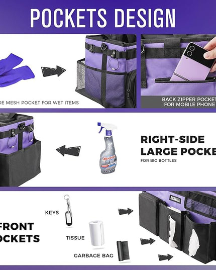 Wearable Cleaning Caddy Bag, Cleaning Caddy Supplies Organizer with Handle & Shoulder Straps for Housekeepers, Under Sink & Car Cleaning Tool Organizers with 4 Foldable Divider (Purple)