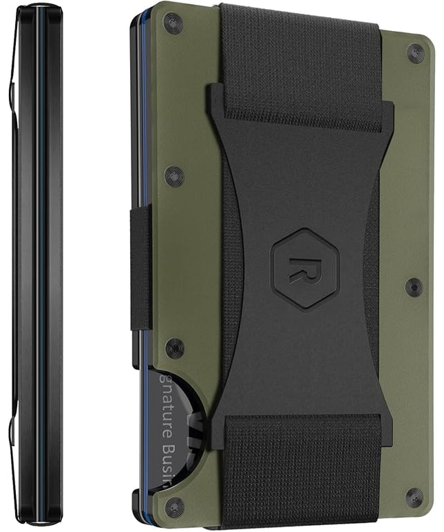 The Ridge Wallet for Men - Slim Minimalist Compact Wallet and Card Holder, RFID Protected Front Pocket Wallets with Integrated Cash Strap (Matte Olive Titanium)