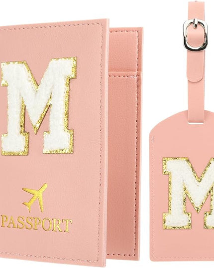 PATIKIL Passport Holder for Travel, Initial Passport Cover and Luggage Tag Set with Alphabet Chenille Letter Patch Travel Wallet Bag Suitcase Identifier for Women Family Travel Pink M