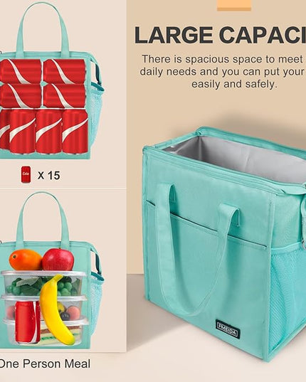 Fmeida Insulated Lunch Bag Women, Leakproof Womens Lunch Bag, Thermal Adult Lunchbag with Front Side Pockets, Reusable Lunch Bag for Office Work Travel Picnic Large Mint Blue