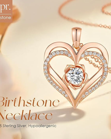 CDE Christmas Gifts for Women S925 Silver Rose Gold Heart Birthstone Necklaces for Women，Ideal Anniversary or Birthday Jewelry Gifts for Wife Girlfriend Her
